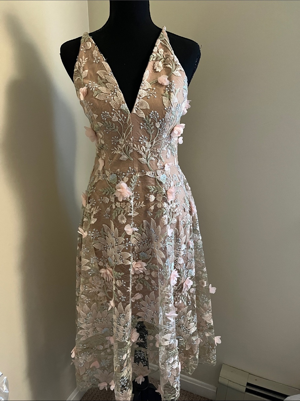 🌸 Dress the Population Audrey 3D Floral Applique Lace Gown Blush Pink Small - Picture 3 of 9